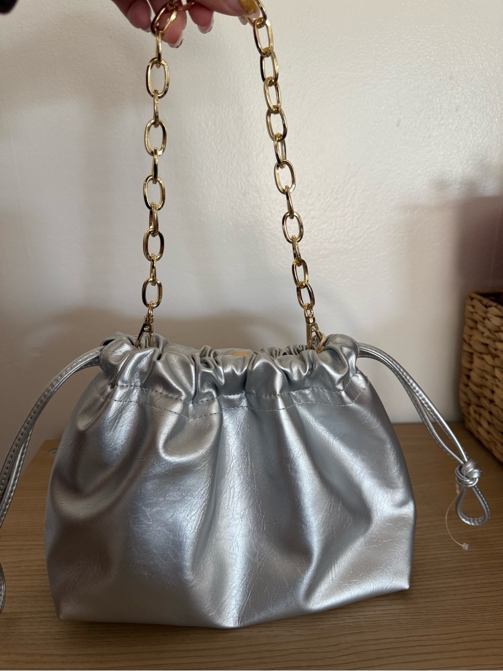 Universal Thread Silver Metallic Drawstring Shoulder Bag with Gold Chain